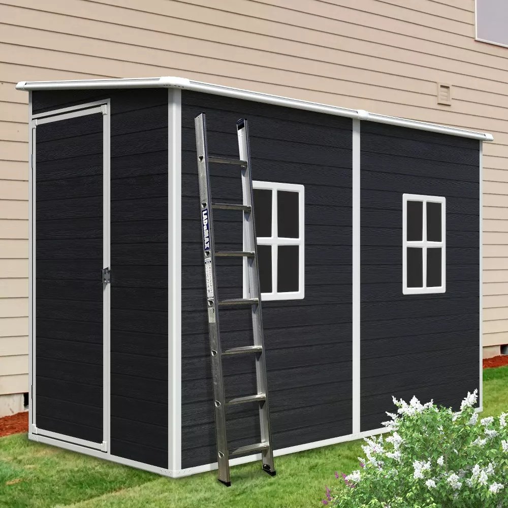 4x8ft Outdoor Storage Shed with Floor Resin shed with Two-Window, Waterproof ,Lockable Doors for