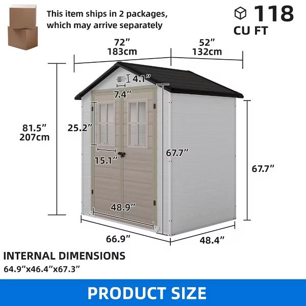 6x4.4 FT Outdoor Storage Shed, Double-Wall Lockable Garden Shed with Sloped Roof & 2 Windows for Backyard Patio Lawn, Greige&Gray - Image 2
