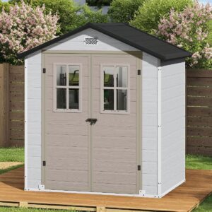 6x4.4 FT Outdoor Storage Shed, Double-Wall Lockable Garden Shed with Sloped Roof & 2 Windows for Backyard Patio Lawn, Greige&Gray