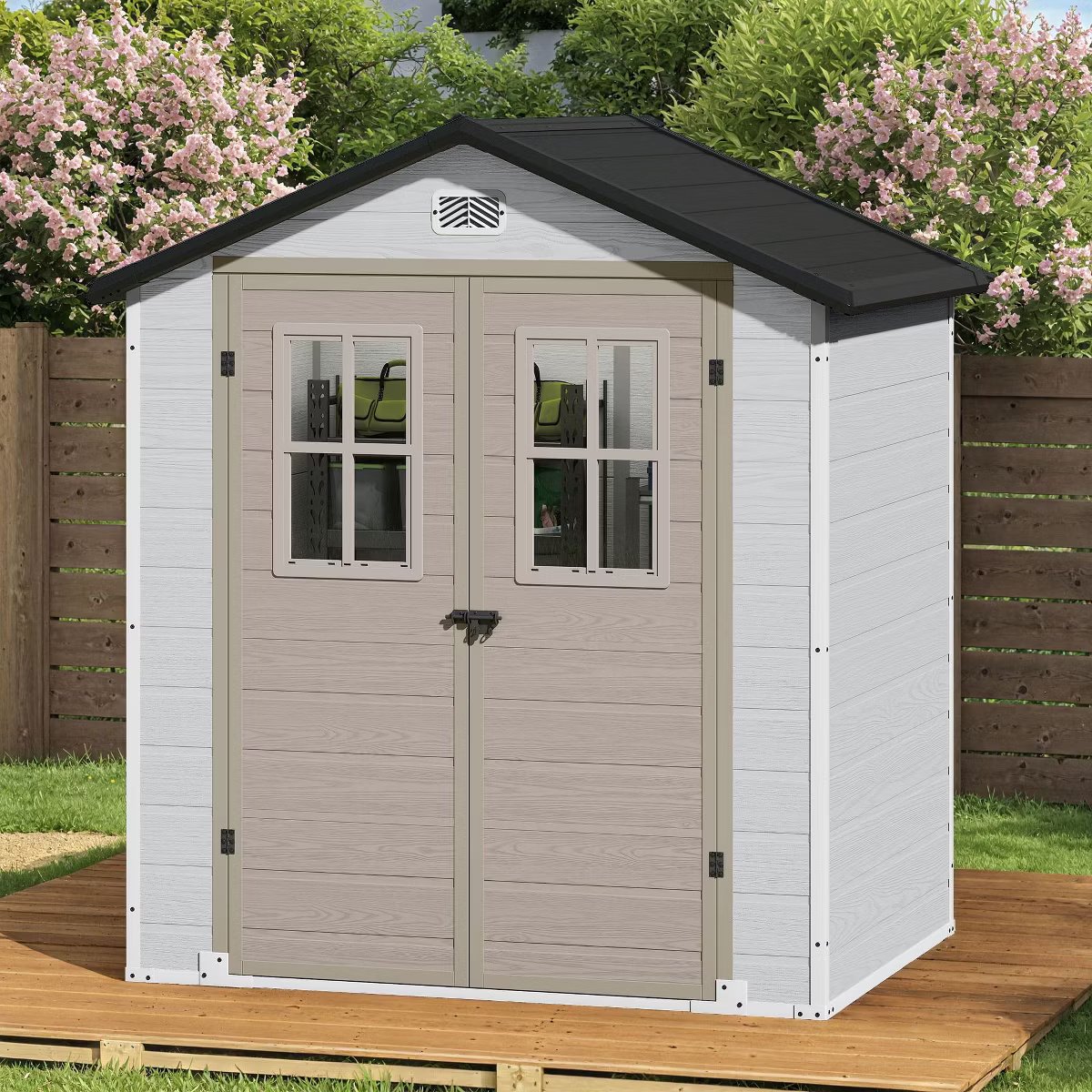 6x4.4 FT Outdoor Storage Shed, Double-Wall Lockable Garden Shed with Sloped Roof & 2 Windows for Backyard Patio Lawn, Greige&Gray