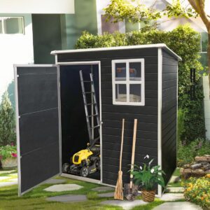 5*3ft Durable Resin Outdoor Storage Shed with Gable Roof and Lockable Door with Window for Backyard, Lawn, Black